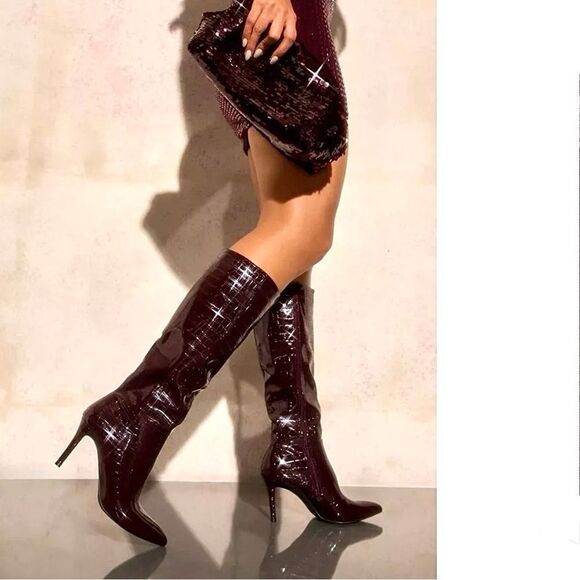 CROC DETAIL KNEE HIGH STILETTO BOOT - Picture 1 of 6